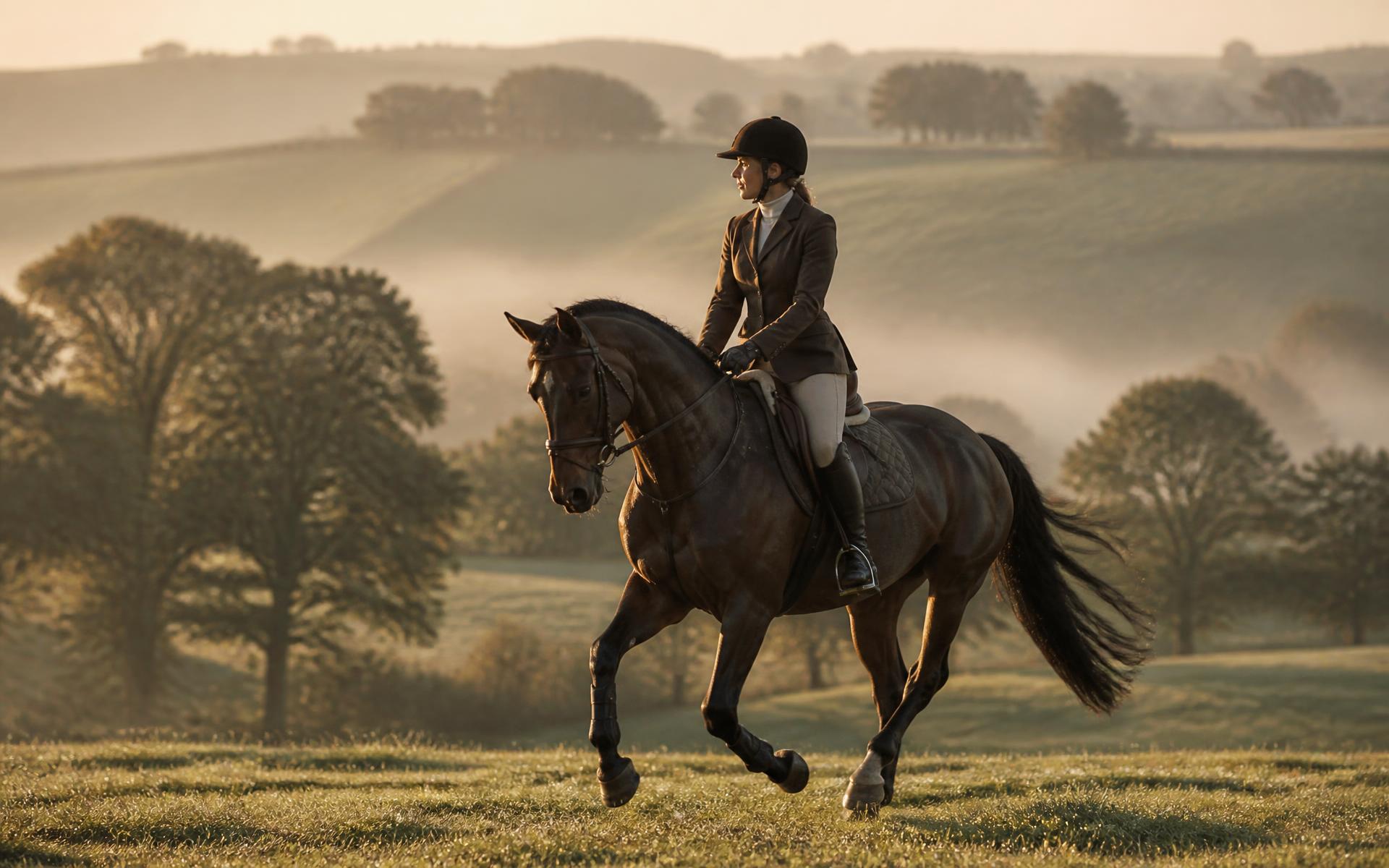 Horse and rider cantering across misty English countryside at golden hour