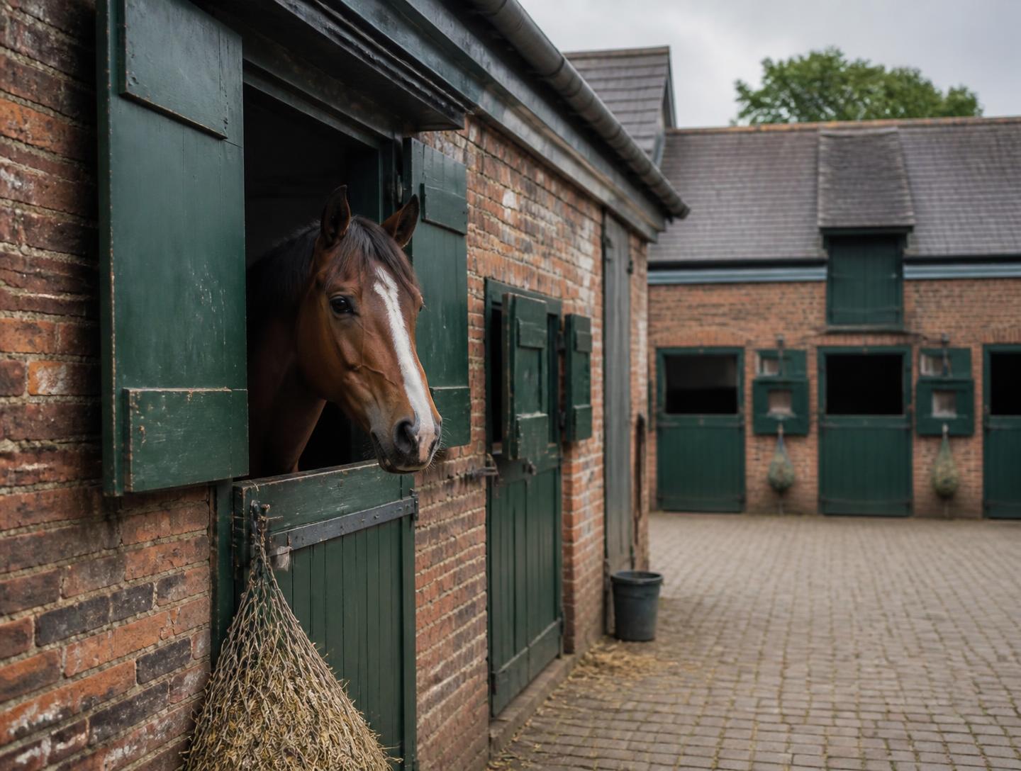 Traditional British stable yard with dark green stable doors