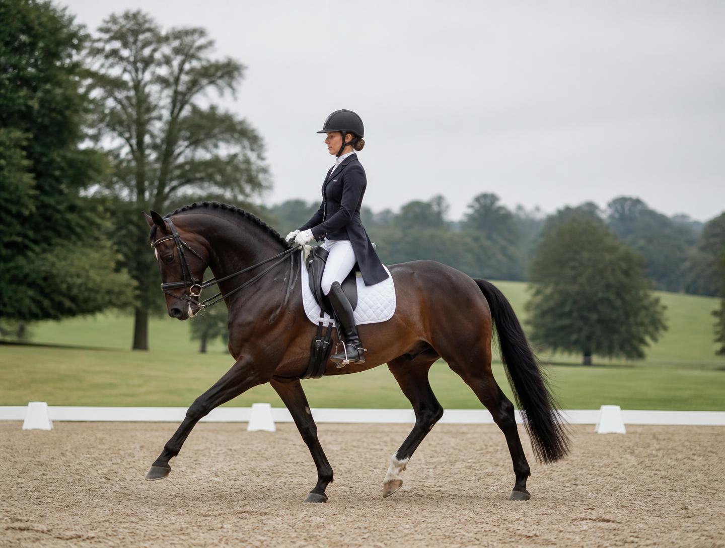 Rider schooling a dark bay horse in an outdoor dressage arena